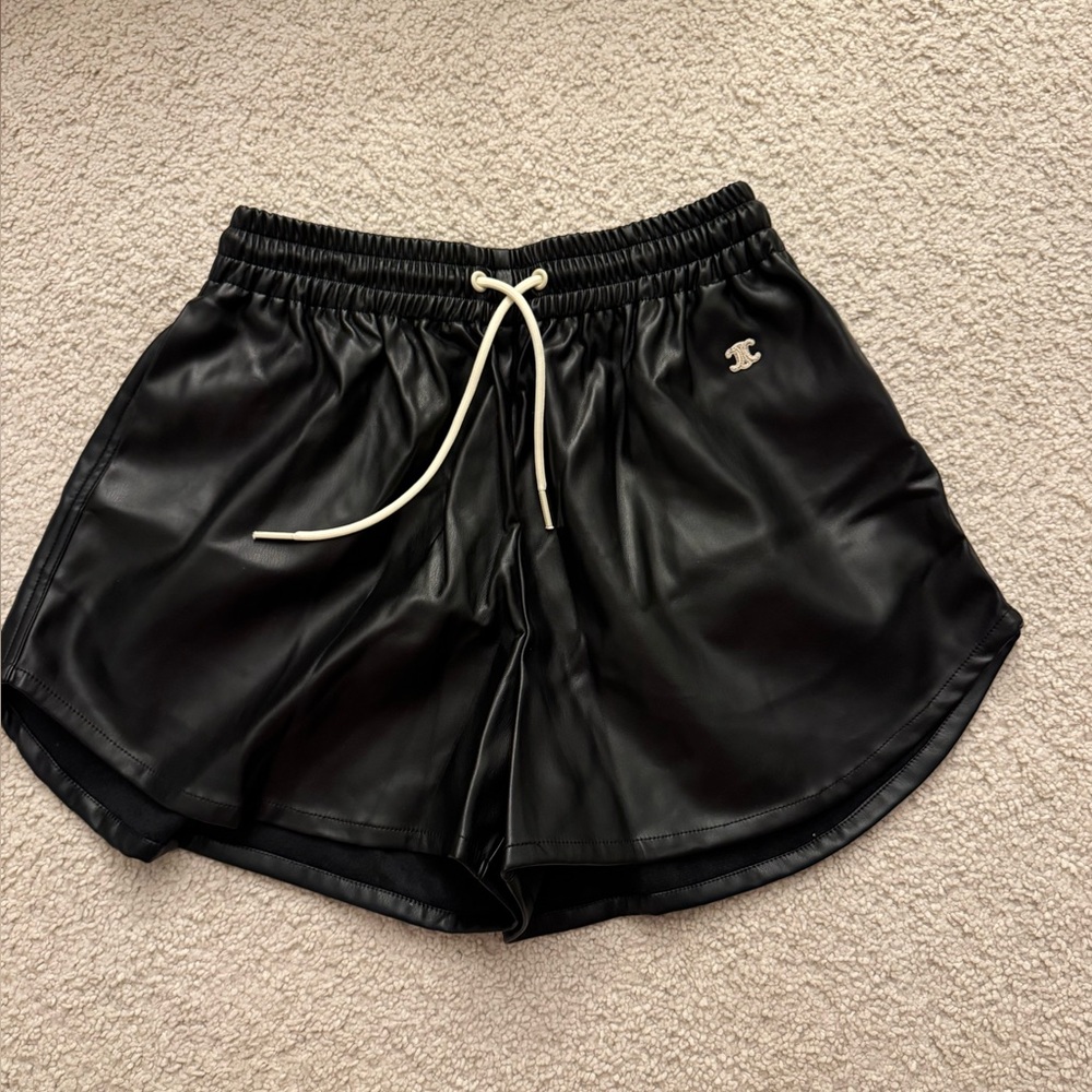 Black faux leather  elastic band drawstring shorts with embroidered logo L